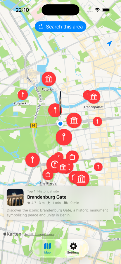 Roamero map view showing top sights in Berlin with the recommendation carousel
