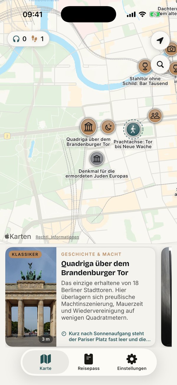 Story Places map of central Berlin: category markers for history, architecture and nightlife, with a card for the Quadriga on the Brandenburg Gate